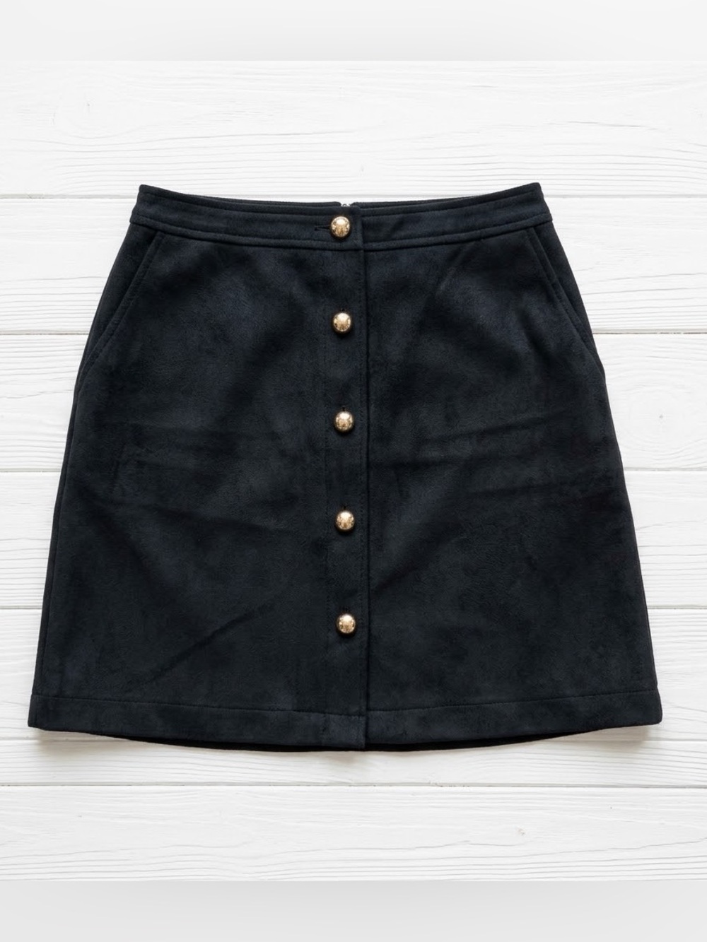 LOFT Black Wool Blend Button Front Pocket Mini Skirt Gold-Tone Buttons Size 00